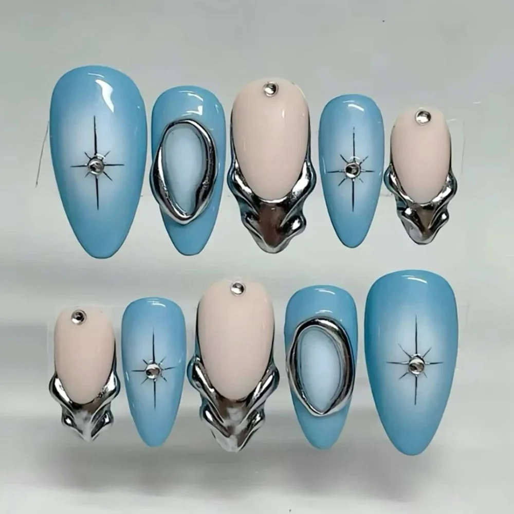 Hand-Painted Almond Flowers Handmade Fake Nail Leopard Print Metallic Flower Cherry Customizable Shape Full Cover Nail Tips