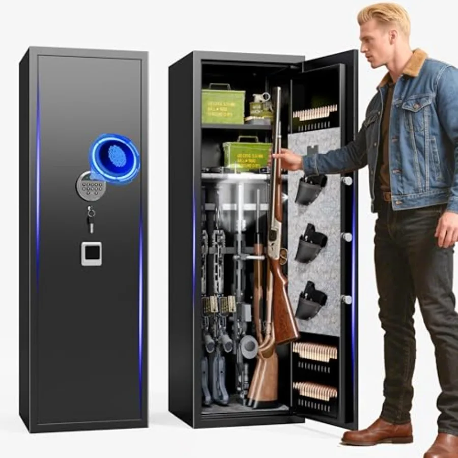 Gun Safe for 812 Rifles with Biometric Fingerprint Lock and 3Way Access Adjustable Rifle Racks HeavyDuty Steel Construction 57