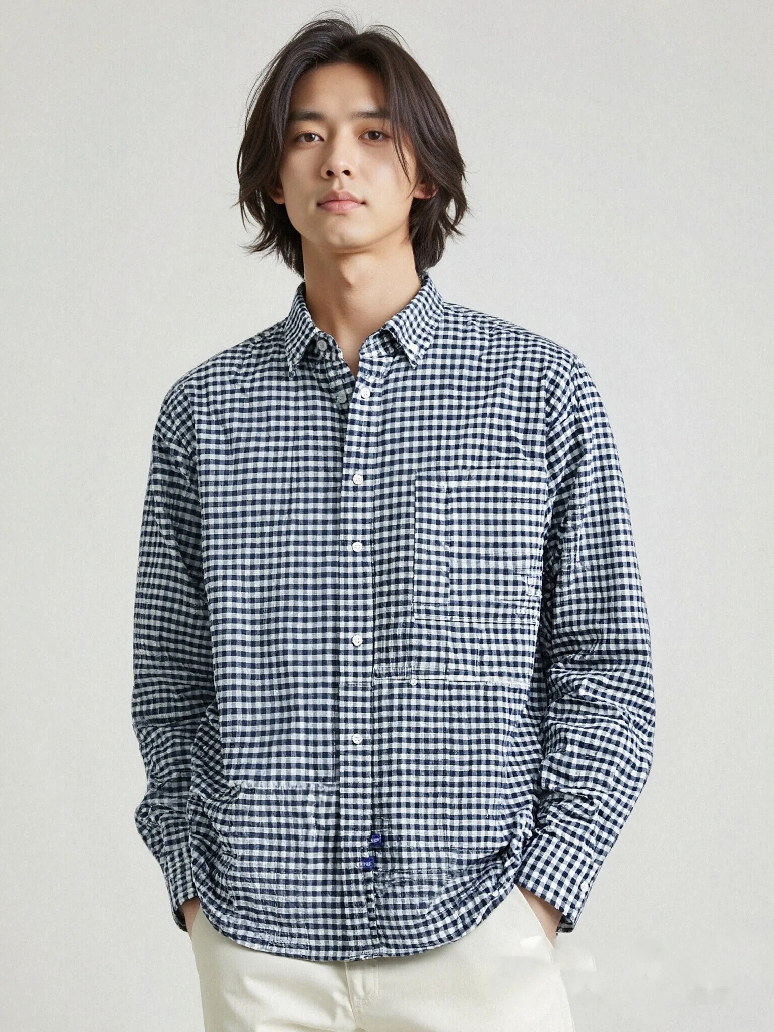 

Рубашка свободного кроя из чистого хлопка с длинным рукавом в японском винтажном стиле, повседневная рабочая одежда, дышащая, износостойкая.