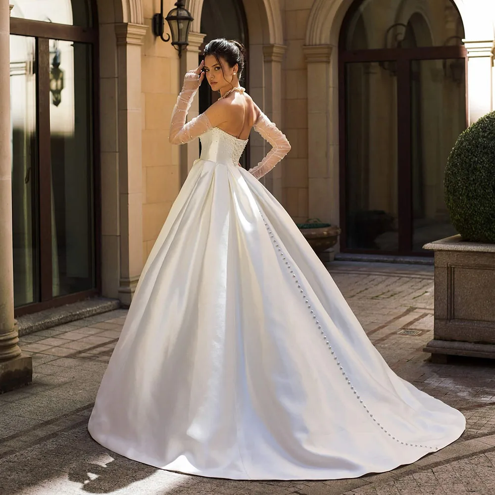 

Msikoods Satin Wedding Dresses 2025 Off Shoulder Pearl Beaded Long Sleeve Pockets Wedding Gown A Line Bridal Dress Customized