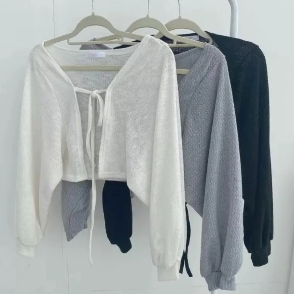 

Fashion Korean Style Knitted Cardigan Short Lantern Sleeve Raglan Sleeve Knitwear Tops Lace-Up Thin Sweater Shawl Girls