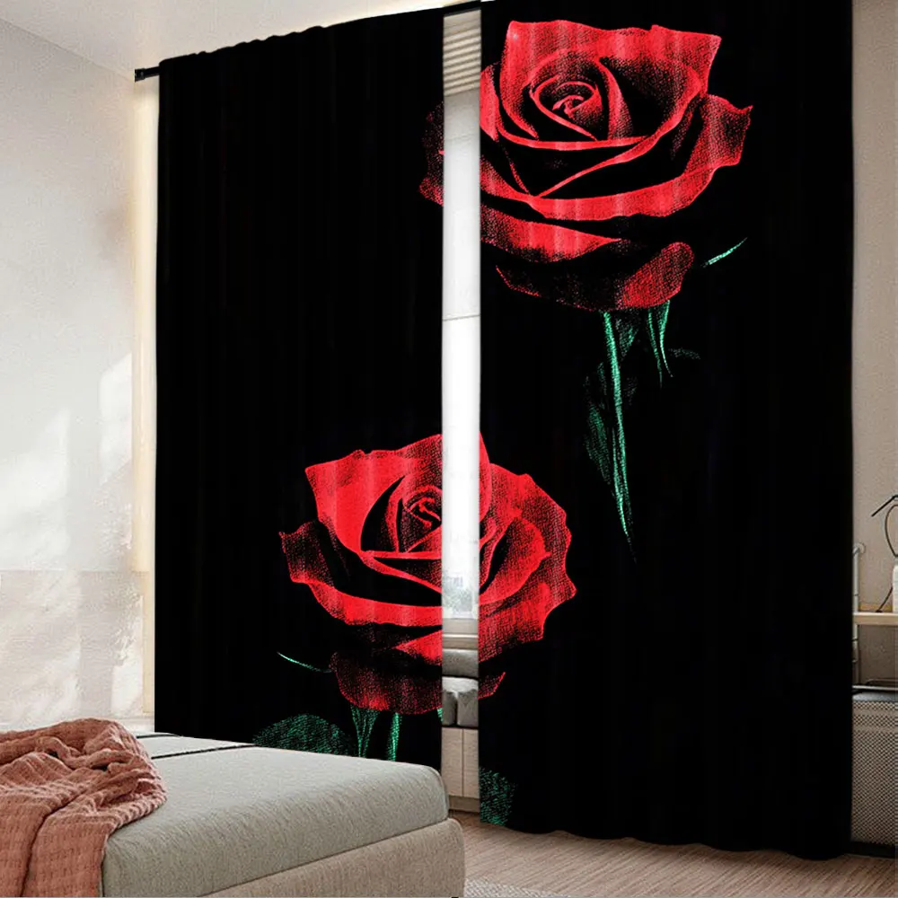 

2Pcs Black And Red Rose Curtains Valentine'S Day Rose Romantic Suitable For Bedroom Living Room Dining Room And Bathroom