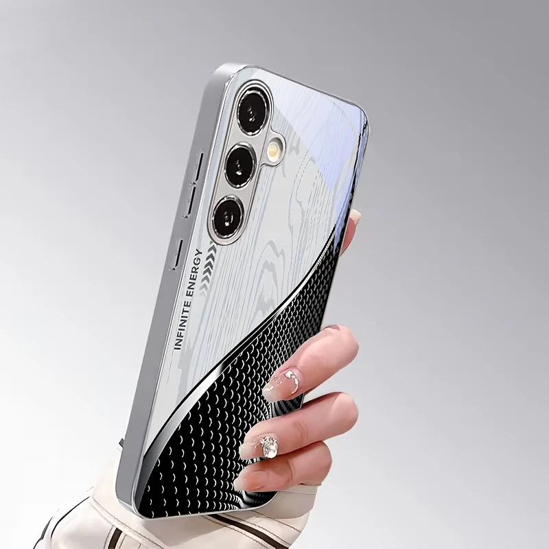 Monochrome Tech Wave Electroplated Silver Phone Case For Samsung S23 Ultra S21 S22 FE S20 Plus S24 S25 S26 Note 10 20 Back Cover