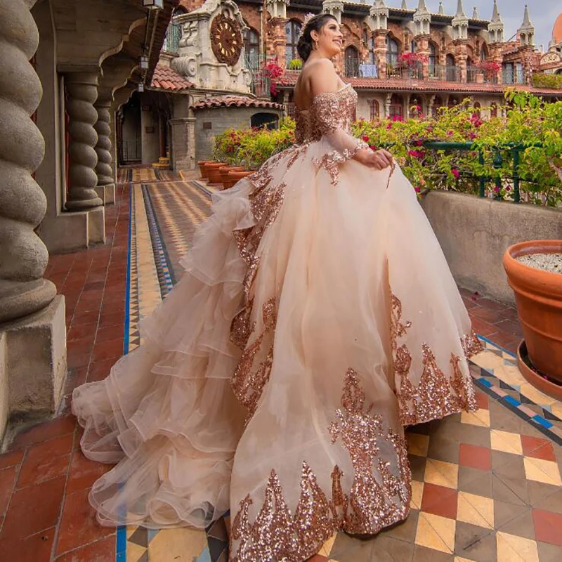 Vestido De quinceañera con lentejuelas De oro rosa, Vestido De baile De graduación con corsé y cuentas De corazón, De lujo, 15 años, 2022