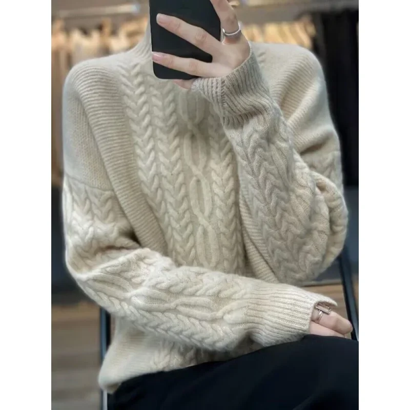 Autumn and Winter Women\'s Solid Turtleneck Long Sleeve Loose Over Size Pullover Knitted Sweater Fashion Casual Office Lady Tops