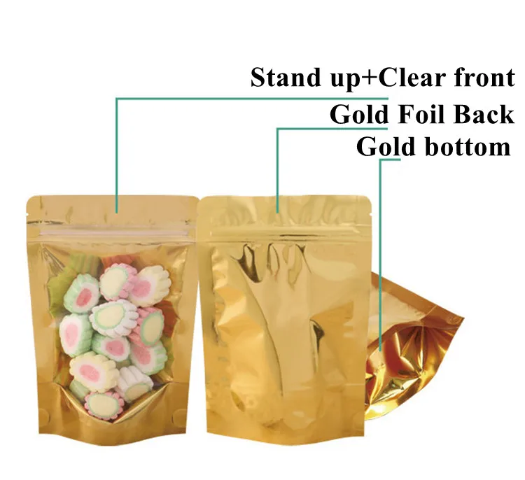 100PCS Stand Up Clear Front Golden Foil Ziplock Packaging Bag Resealable Snack Sugar Spice Cereals Tea Nuts Storage Pouches