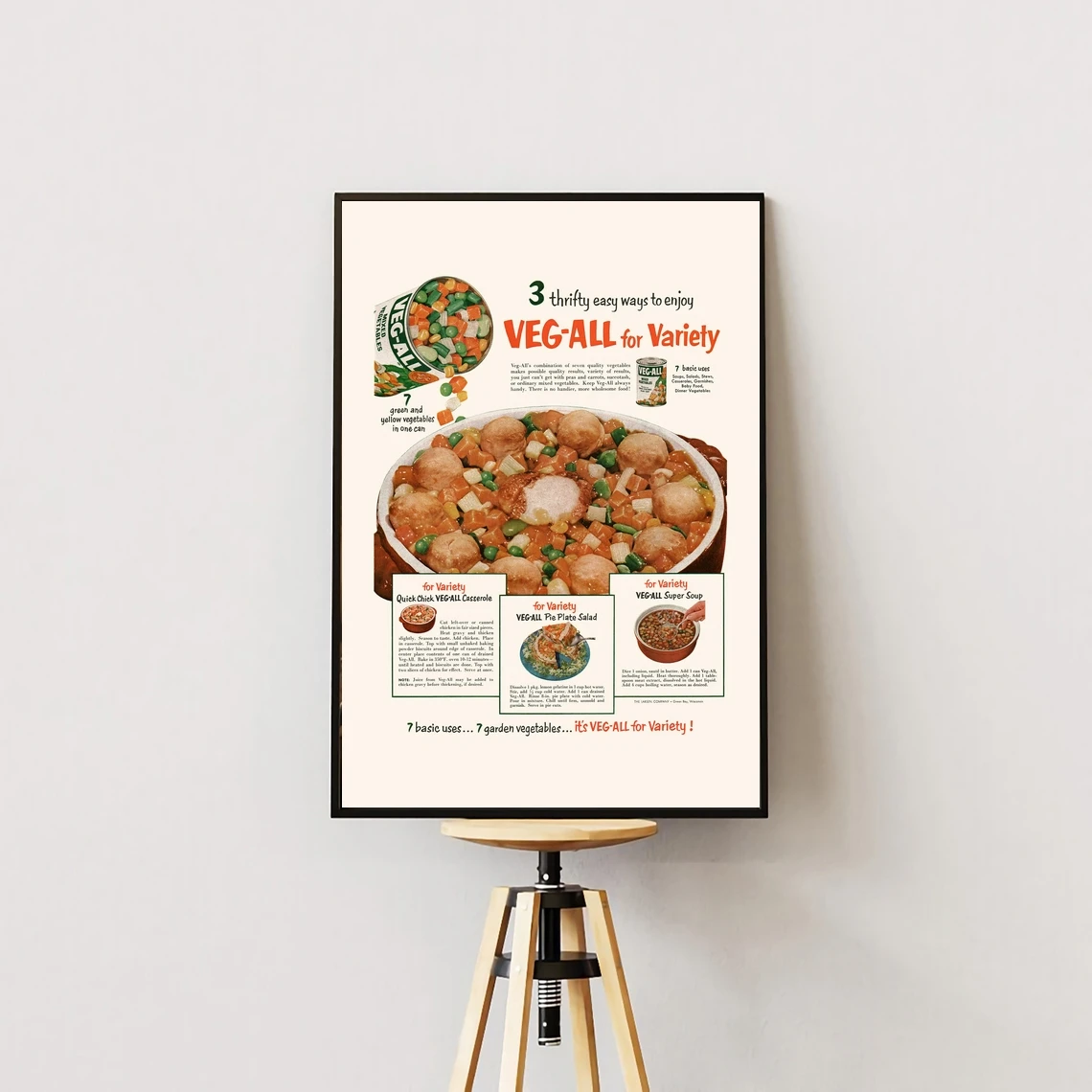 CANNED VEGETABLES AD - Impresión de anuncios vintage - Años 50, decoración clásica, póster de mediados de siglo, arte de póster retro, arte de pared de preparación de comidas Thrifty