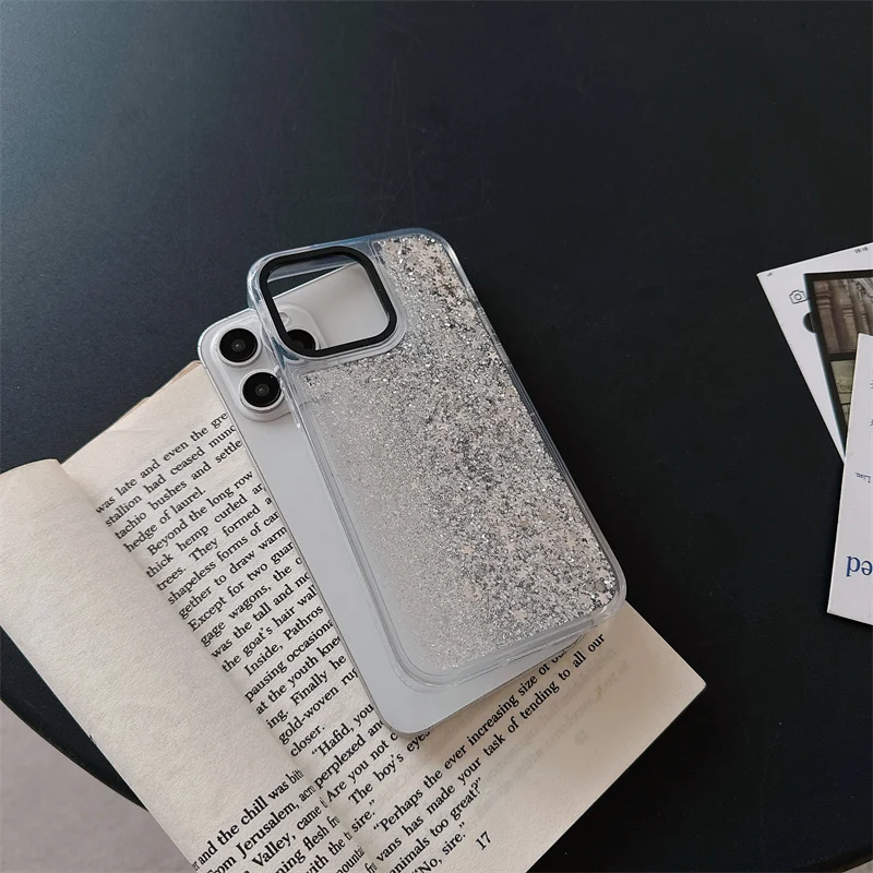 Silver Stars Quicksand Cover for iPhone 13 14 15 Case ipone 16 Pro Max Women Glitter Floating Sand Phone Coques Clear Hard Funda