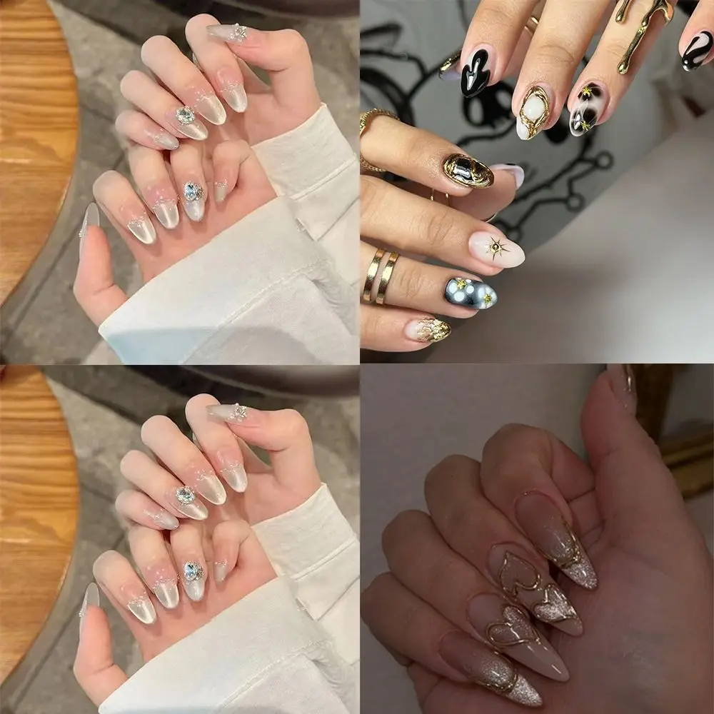 30 個ロングアーモンド小剣付け爪フレンチキャットアイシルバー波状プレス爪パープルラブハートスパークリングラインストーン