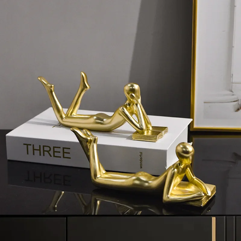 Figurine en résine Sculpture penseur lecteur doré homme doré abstraction Figurines décoratives Figurine en résine décoration de la maison