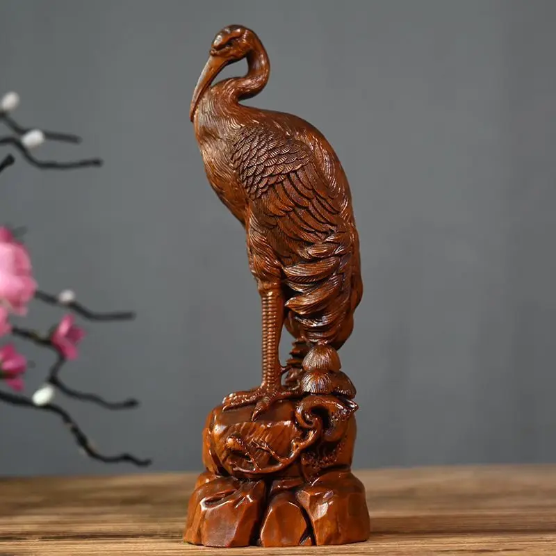 Hand Carved Wood Standing crane bird Statue Figurine Desktop Ornaments Home Decoration