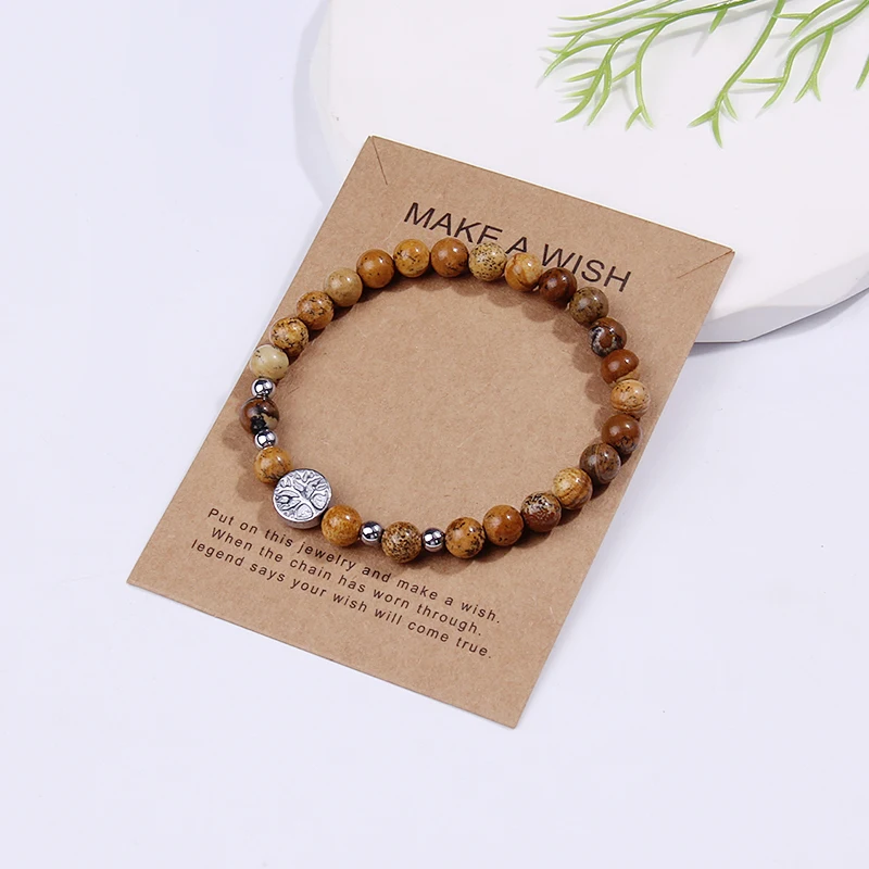 Classic World Tree Bracelet Natural Tiger Eye Stone Stretch Beaded Bracelet Men and Women Healing Meditation Spiritual Gift