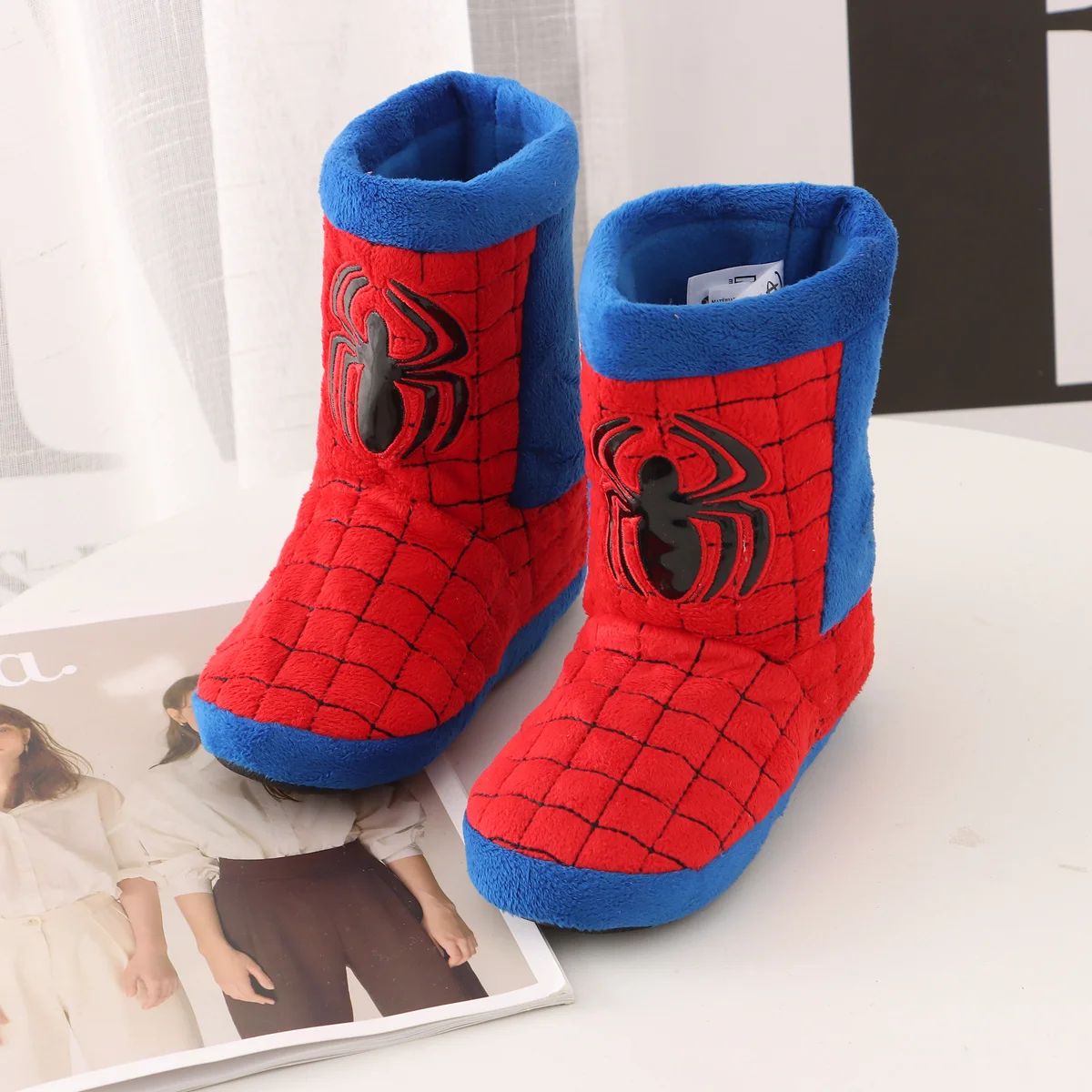 Disney Winter Cotton Slippers Baby Boy Cartoon Marvel Spiderman Children Kids Girl Long Boots Indoor Home Warm Anti-slip Shoes