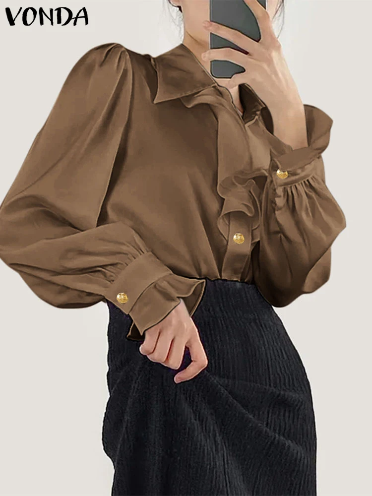

2025 Office Lady Tunic VONDA Women Ruffled Blouse Casual Solid Color Long Lantern Sleeve Shirts Female Turn-down Collar Blusas