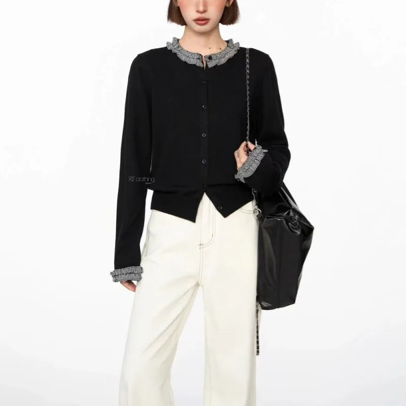 

Simple Ruffle Collar Knitted Cardigan Women Autumn Winter Plaid Button Long Sleeve Sweater Coat Korean Female Knitwear