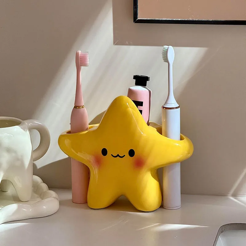 Cute Star Ceramic Toothbrush Holder Bathroom Wash Counter Electric Toothpaste Storage Rack Household Vanity Organizer Accessory