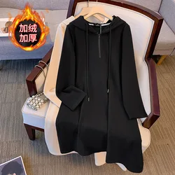 150Kg Plus Size Women's Bust 149 Winter Loose Warm Fleece Hooded Dress Black Apricot 5XL 6XL 7XL 8XL 9XL