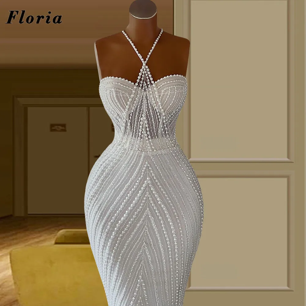 Floria Elegante Parels Avondjurken Mermaid Lange Prom Dress 2023 Arabische Dubai Halter Celebrity Party Jurk Robes De Soiree