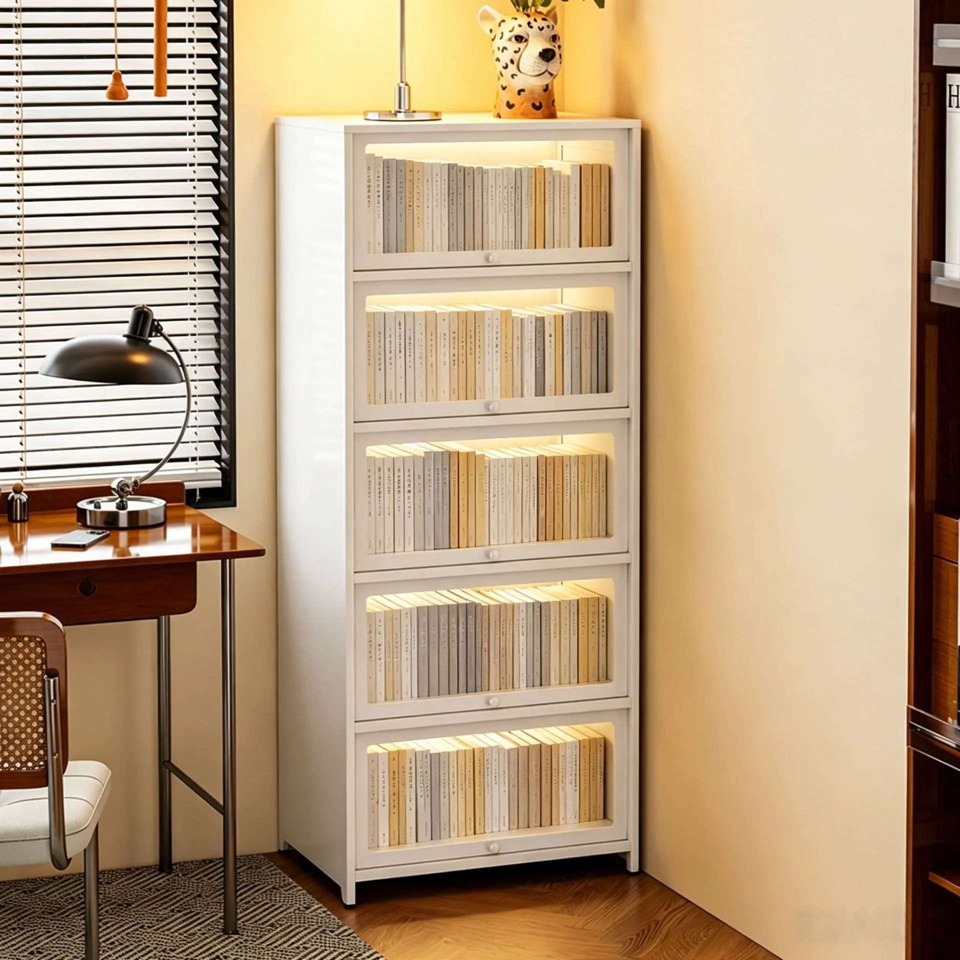 Steel bookshelf with door, glass bookshelf, floor-standing dustproof tin sheet figurine display cabinet, household storage