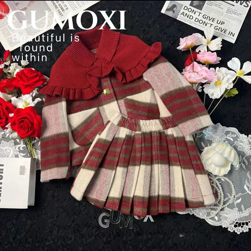 Winter Sets Thick Kids Childrens Princess 2Pcs Suit Baby Girls Cotton Sweet Woolen Stripe Red Coat Jacket+Pleated skirt Elegance