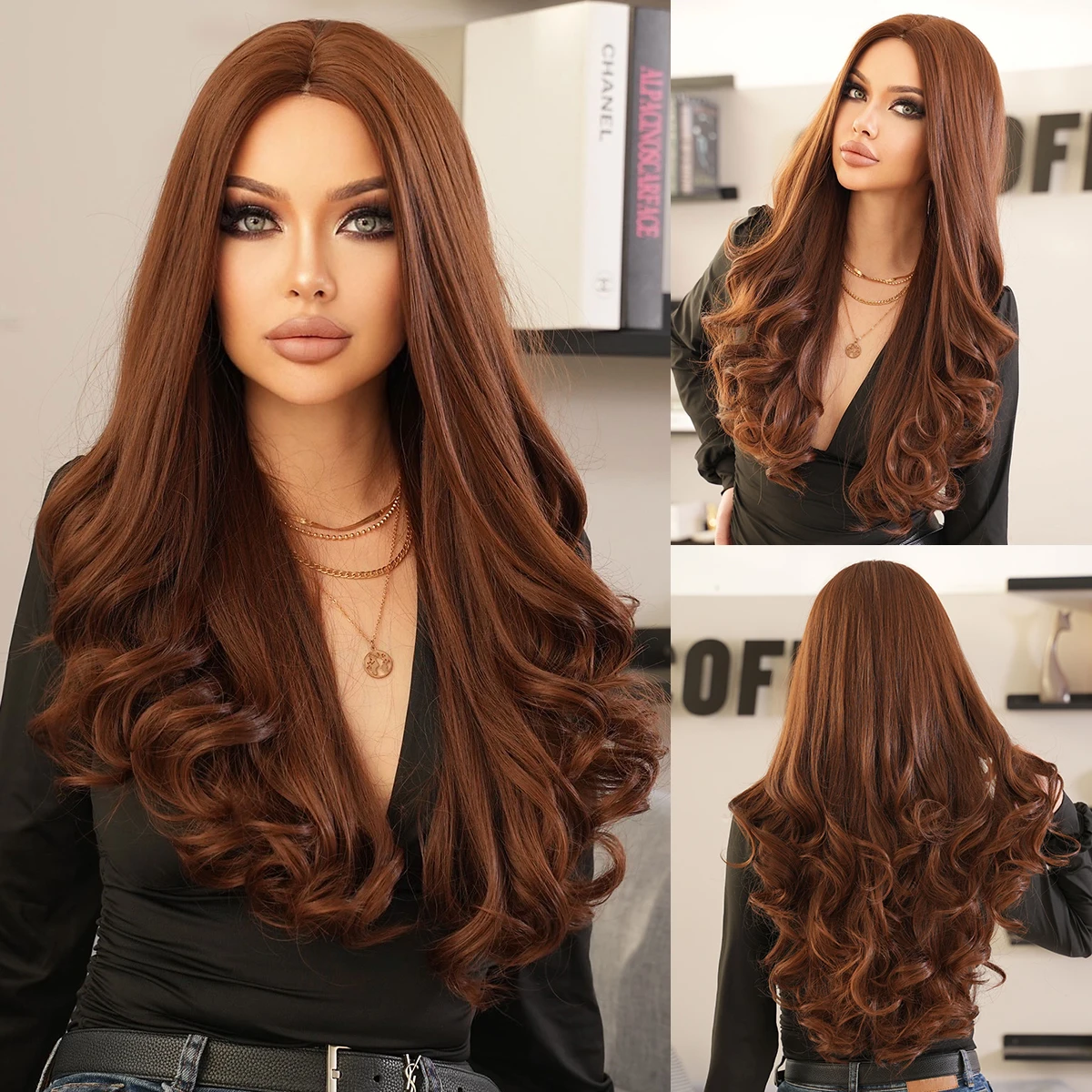 NAMM Long Fashion Deep Wave Brown Ombre Brown Wig For Women Synthetic Loose Hair Wigs With Bangs  Heat Resistant Thick Wig