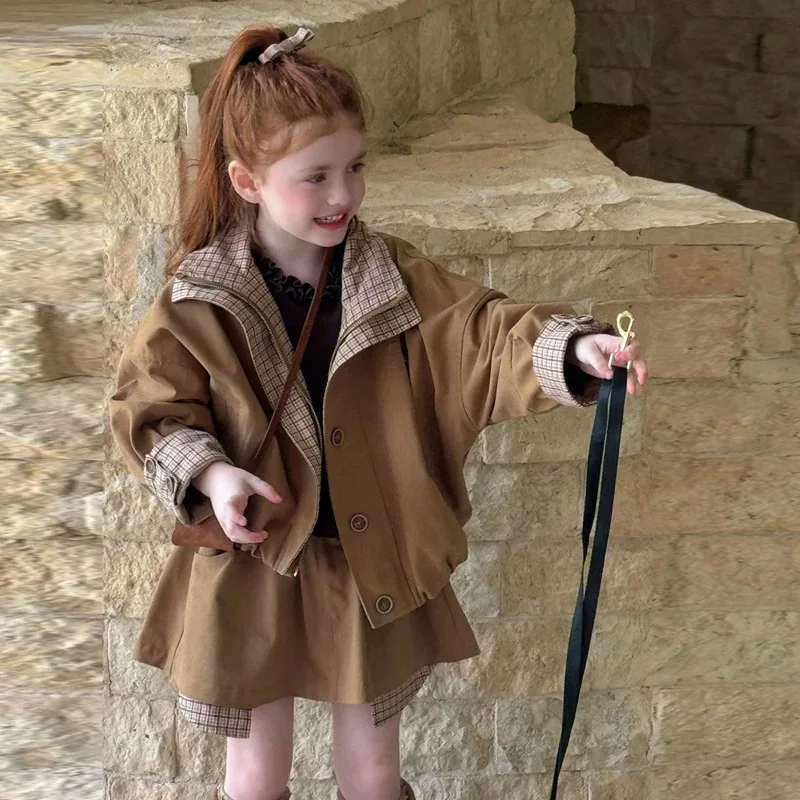 Girls' Spring and Autumn Twill Cotton Workwear-Style Jacket with Trendy Sweet-Cool Skirt Set