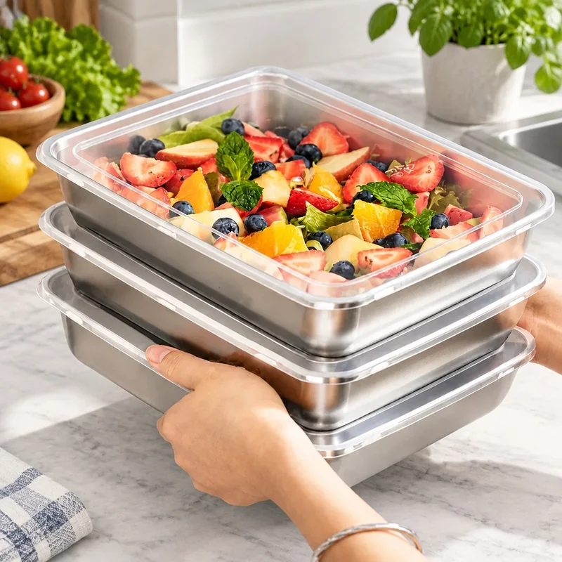 3-Piece Stainless Steel Food Storage Containers with Clear Lids, Leakproof Design for Kitchen and Outdoor Camping