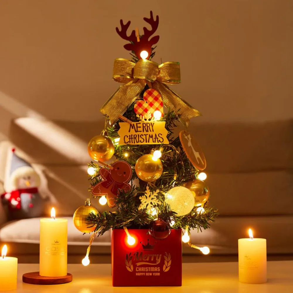 

Small Pendant Mini Christmas Tree With Light Ribbon Bow Star Tabletop Artificial Christmas Tree Ornaments Jingle Bell