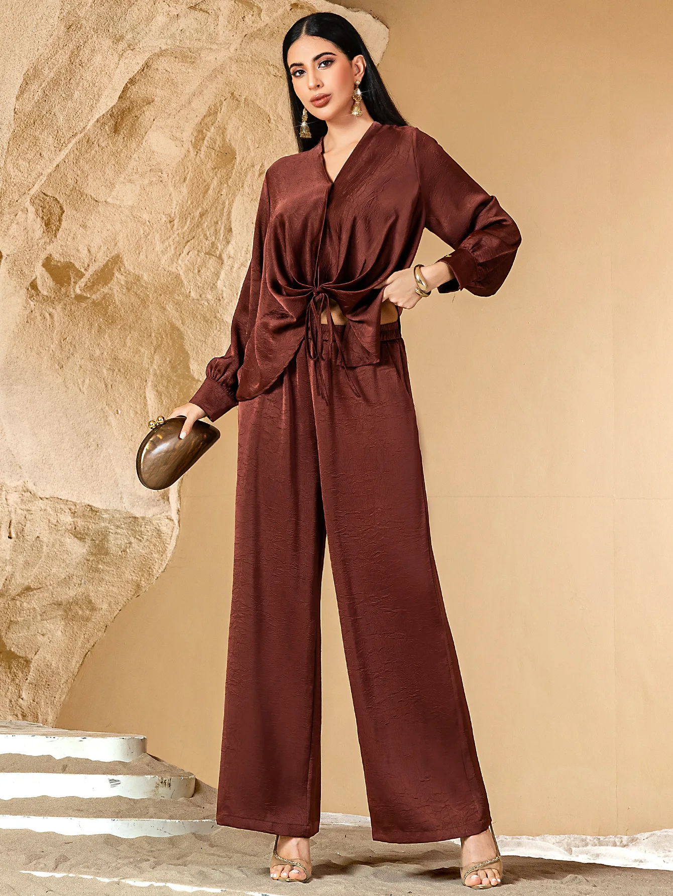 UNI 2025 nouvelles femmes Satin hauts pantalons costumes correspondant ensemble Abaya Islam vêtements ensembles musulmans turquie musulmans Femme