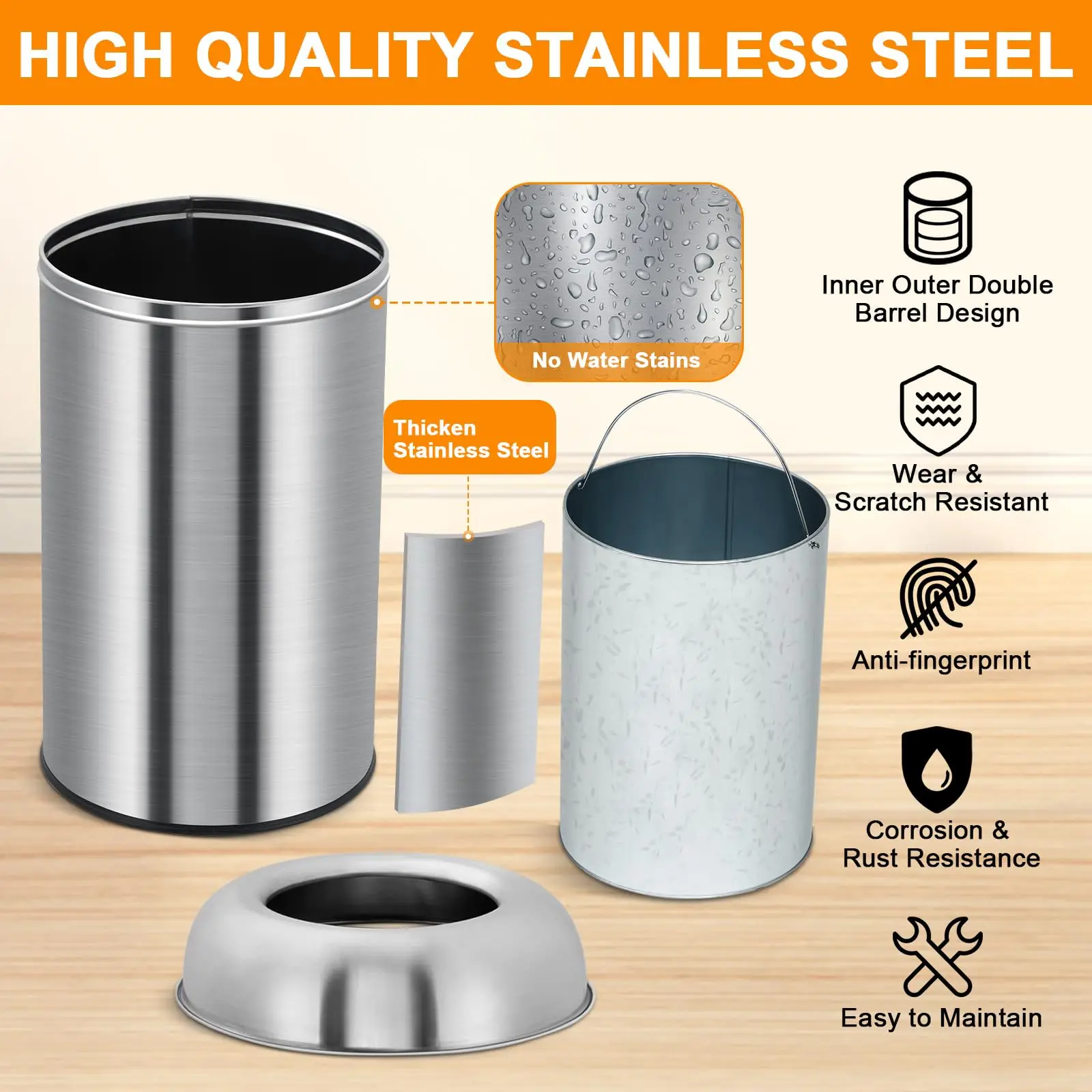 Open Top Trash Can, Commercial Grade Stainless Steel Garbage Can with Removable Inner Bucket, Waste Container for Home, Office