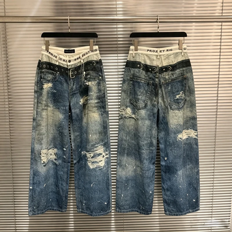 Fake Two Pieces 3D Double Waist Print Project G/R Hole Damaged Jeans Men Women Washed Loose Straight High Street Pants Trousers