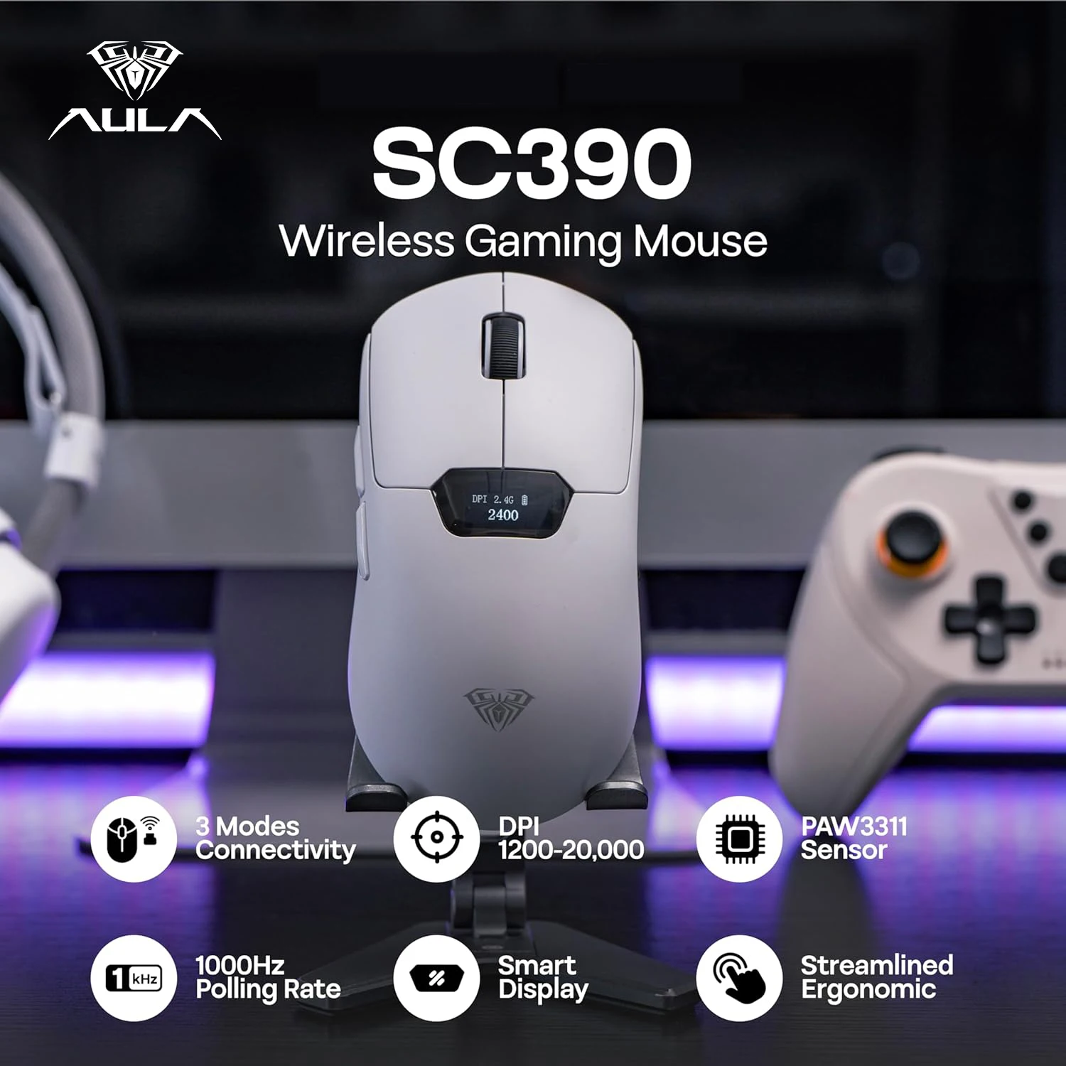 AULA SC390 Wireless Gaming Mouse PAW3311 Sensor Adjustable 20000 DPI Lightweight Mouse W/ Display Screen for PC Gamer Accessorie
