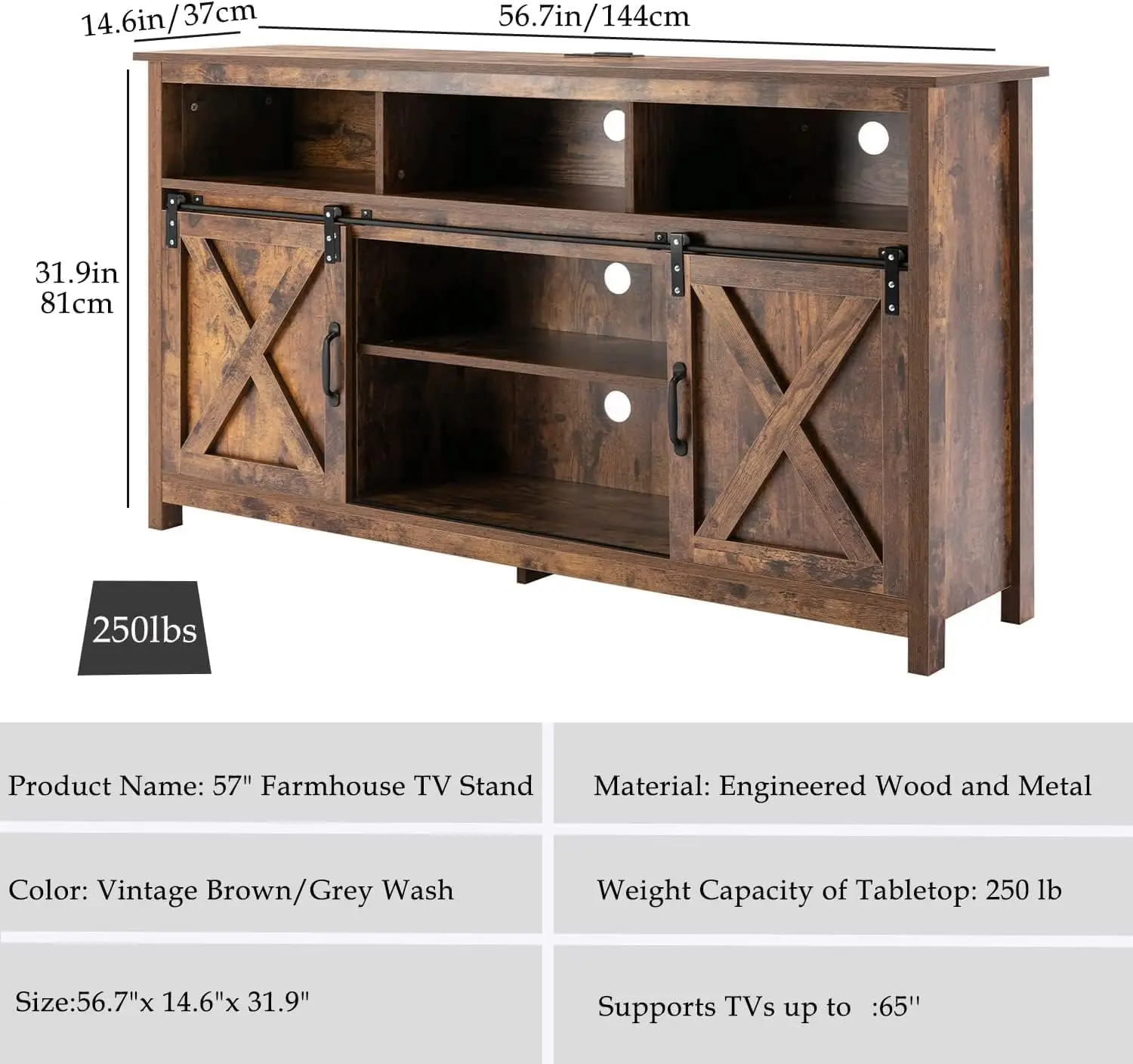 57In Wooden Farmhouse TV Stand For 60/65
