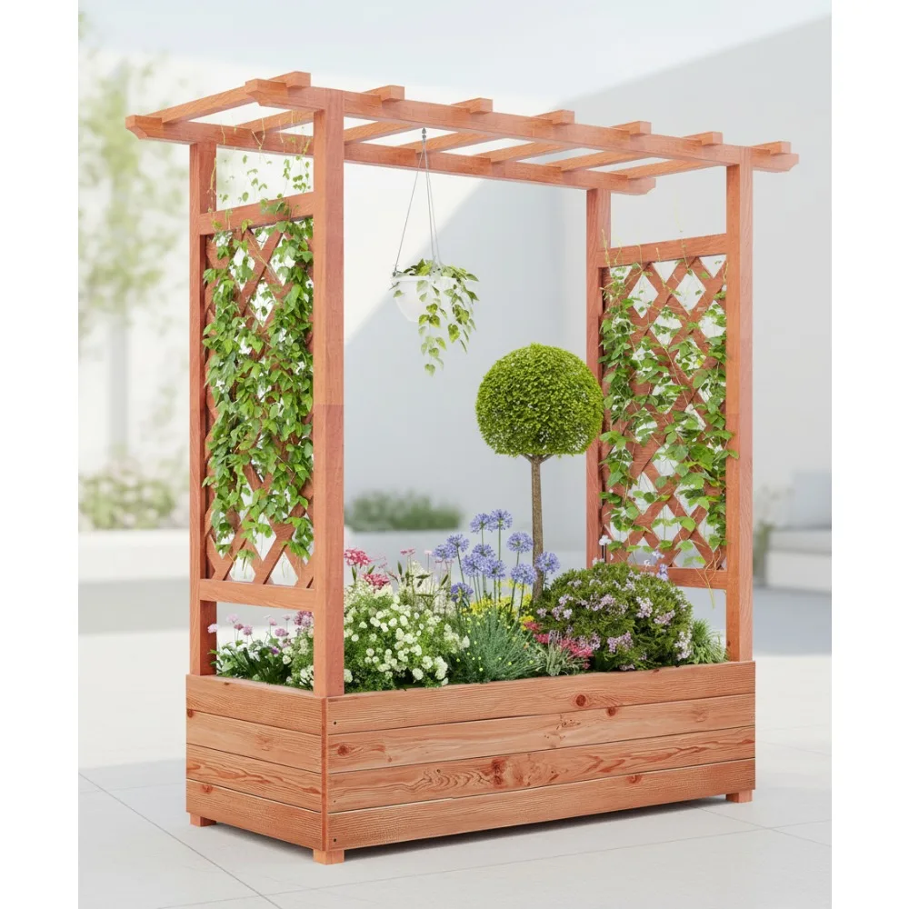 سرير حديقة خشبي مرتفع مع تعريشة - صندوق زراعة 45 بوصة لنباتات التسلق والكروم والزهور - ديكور الفناء والشرفة #1
