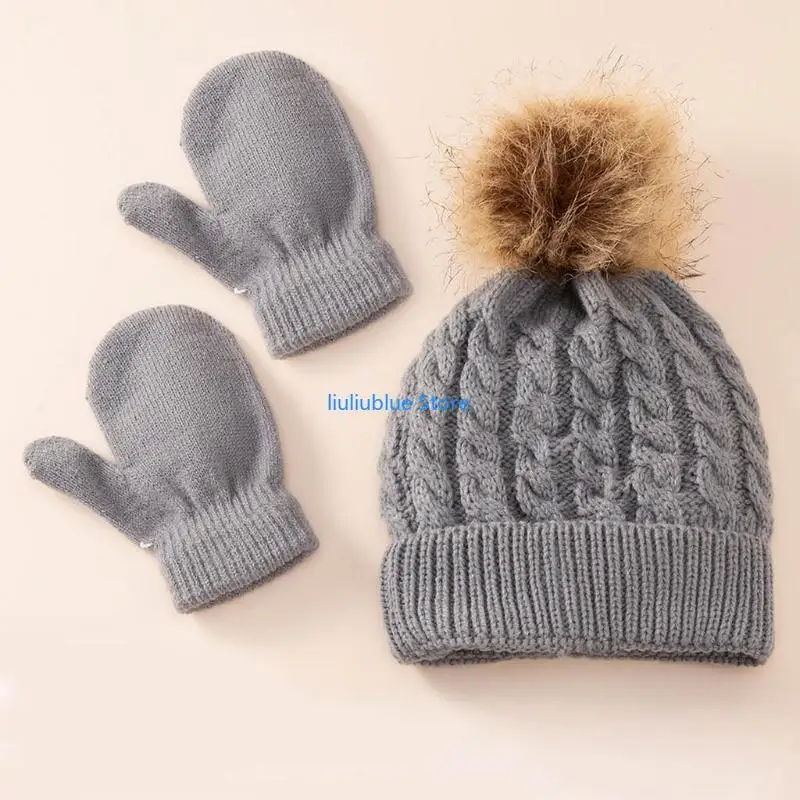 الشتاء الدافئة الطفل بلون قبعة قفازات مجموعة الفراء الكرة بيني قبعة القفاز عدة الأطفال الفتيات الفتيان محبوك هيمينغ قبعة 62CF #5