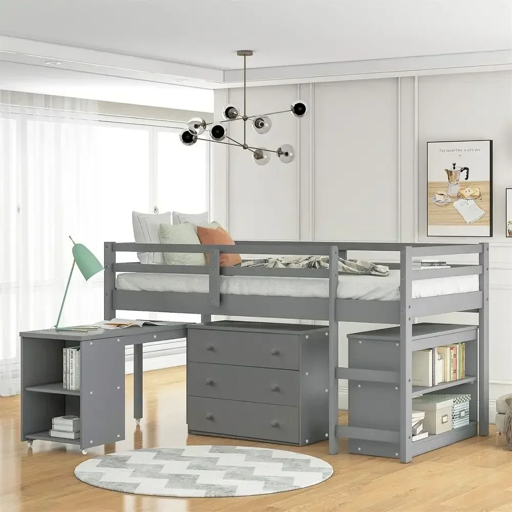 Gray Twin Size Low Loft Bed with Storage Cabinet and Rolling Desk for Kids and Teens