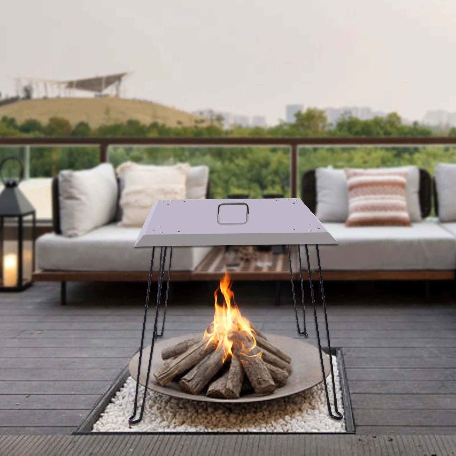 

Тепловой дефлектор для костра на открытом воздухе, нагрев вниз и выход, нержавеющая сталь с ручкой для переноски, крышка горелки для костра, квадратная