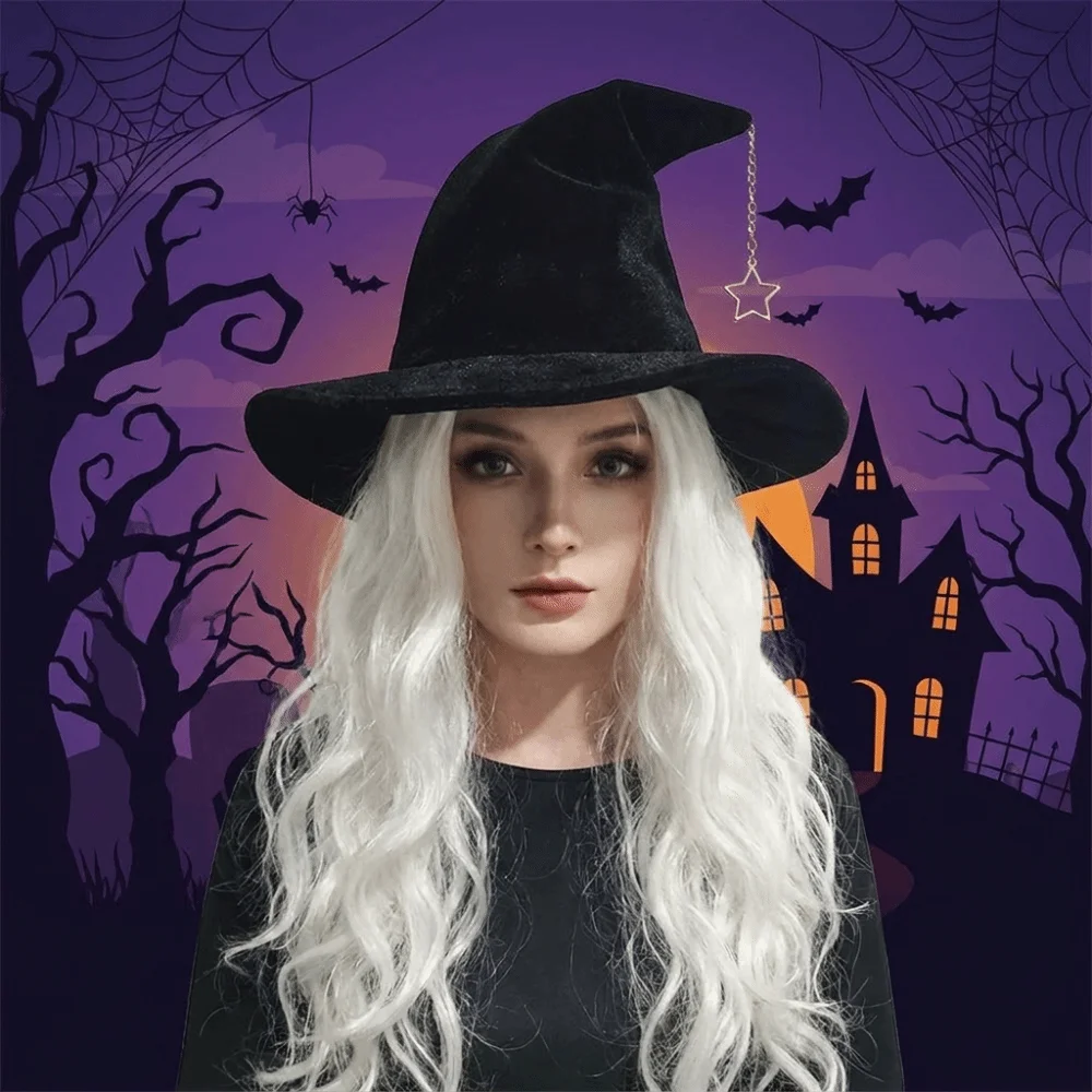Vintage Solid Color Witch Hat Korean Style Foldable Wool Bucket Hat Wizard Cap Star Pendant Halloween Hat Party