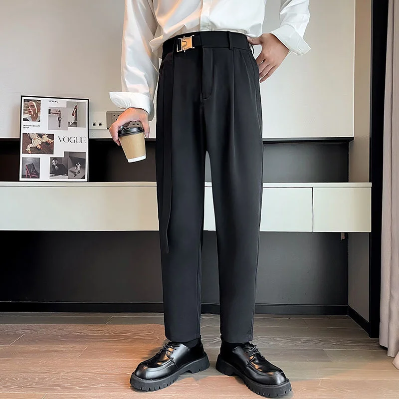 

Asymmetric Metal Belt Men's Casual Pants Straight-leg Solid Color Brand Fashion Male Ankle Baggy Trousers Clothing