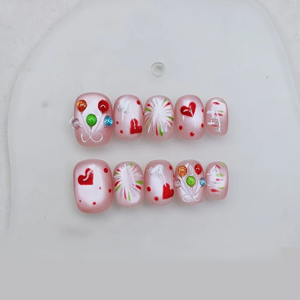 

10pcs Short Oval Handmade Nail Polka Dot Balloon Fake Nails Hearts Full-Coverage Nail Art New Year Nail Art for Women&Girl