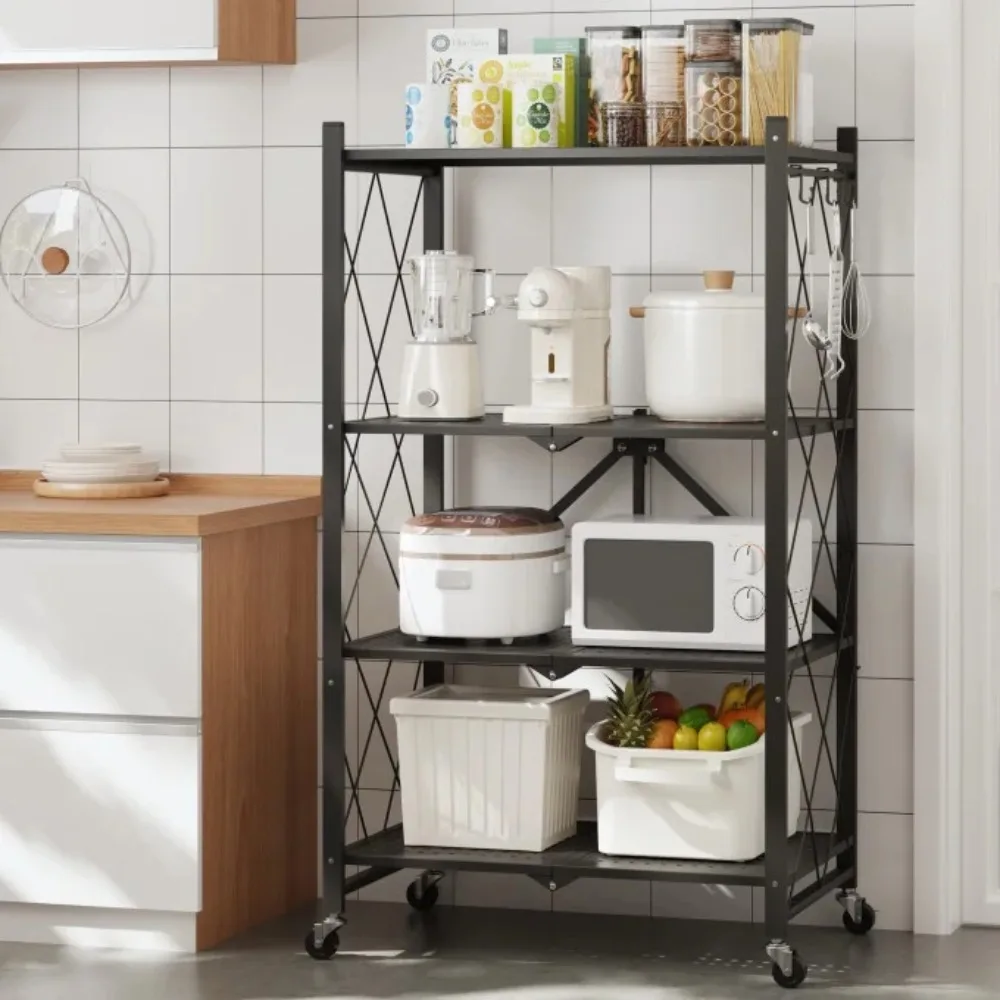 

4-Tier Foldable Storage Shelving with Wheels Heavy Duty Metal Shelf Kitchen Shelving Units Black