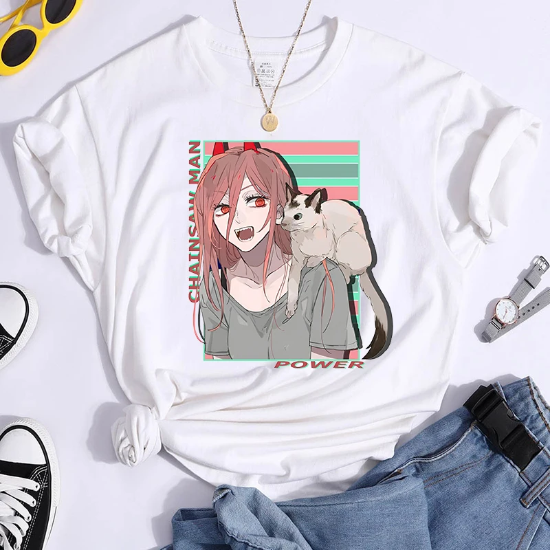 New Hot Anime Power Print T-Shirt Women Y2k Fashion Short Sleeve Casual Summer Tops Tees