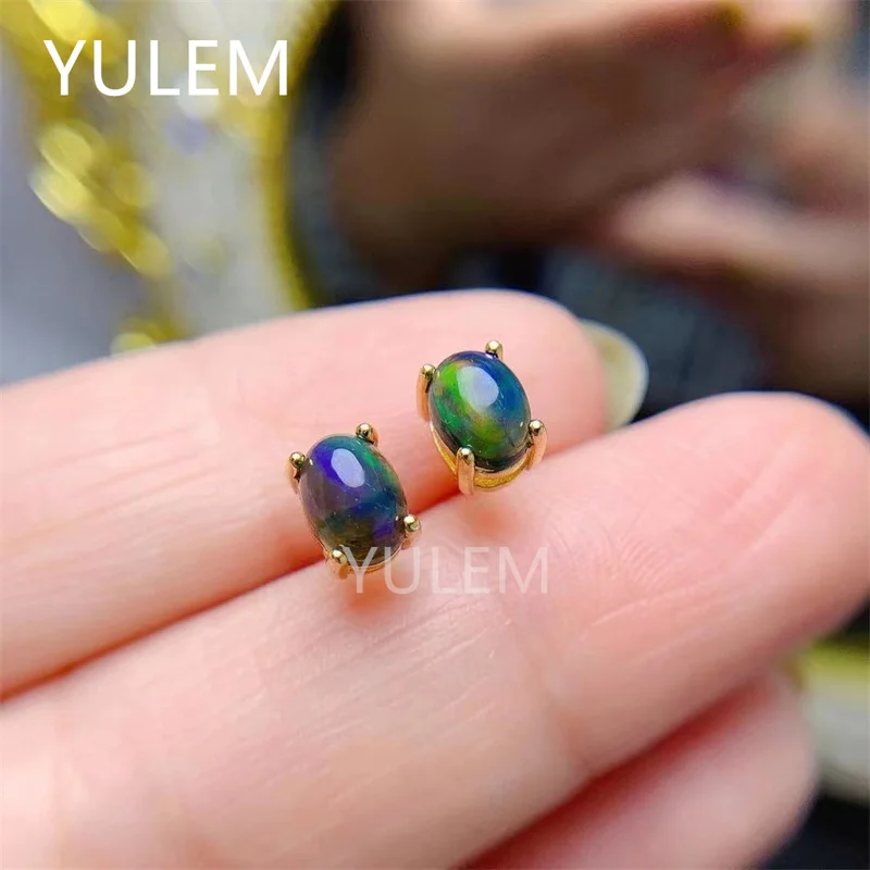 YULEM Natural Black Opal Earring, Small and Exquisite Beautiful Firecolours, 925 Pure Silver Hot Selling