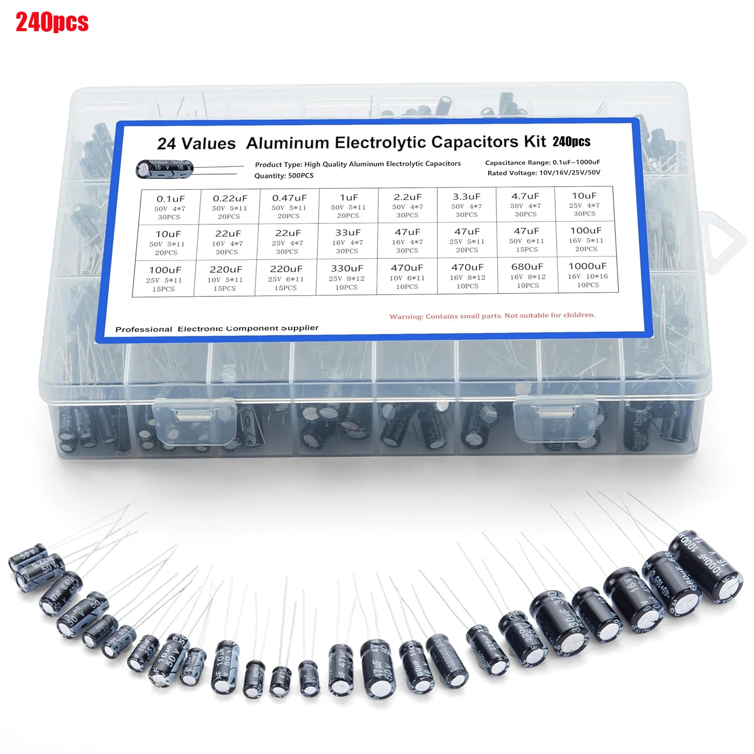 

Ассортимент электролитических конденсаторов, 240 шт., 24 значения, набор алюминиевых конденсаторов от 0,1 мкФ до 1000 мкФ, 10 В, 16 В, 25 В, 50 В