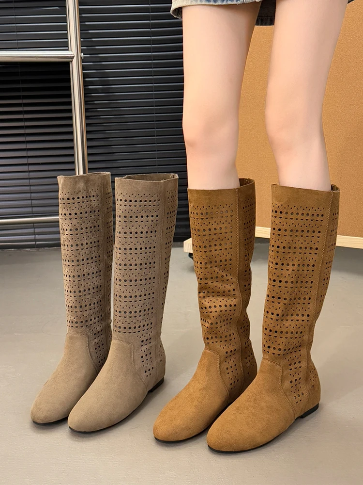 

Women's Hollow out Long Boots Western Cowboy Brown Inner Heightening Knee High Rider Boots Summer New Style Fashionable Breat...