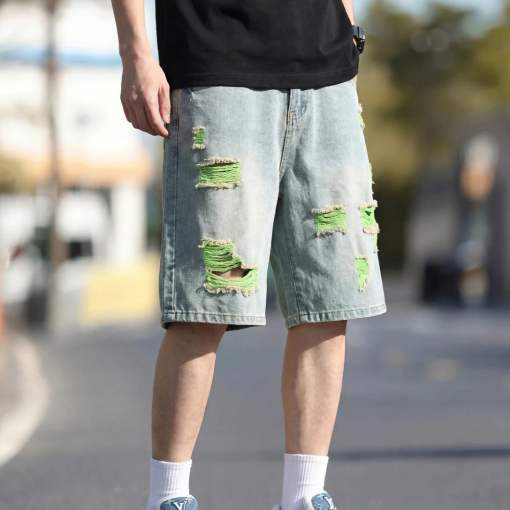 Men's Lined Ripped Denim Shorts Contrast Color Distressed Baggy Jorts Washed Bermuda Jean Shorts Knee-Length Straight Short Pant