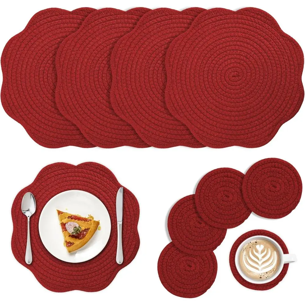 

Набор рождественских плетеных салфеток из 8 предметов с подставками, 12 антикварных красных хлопковых салфеток, зубчатый край, термостойкий и моющийся для праздника