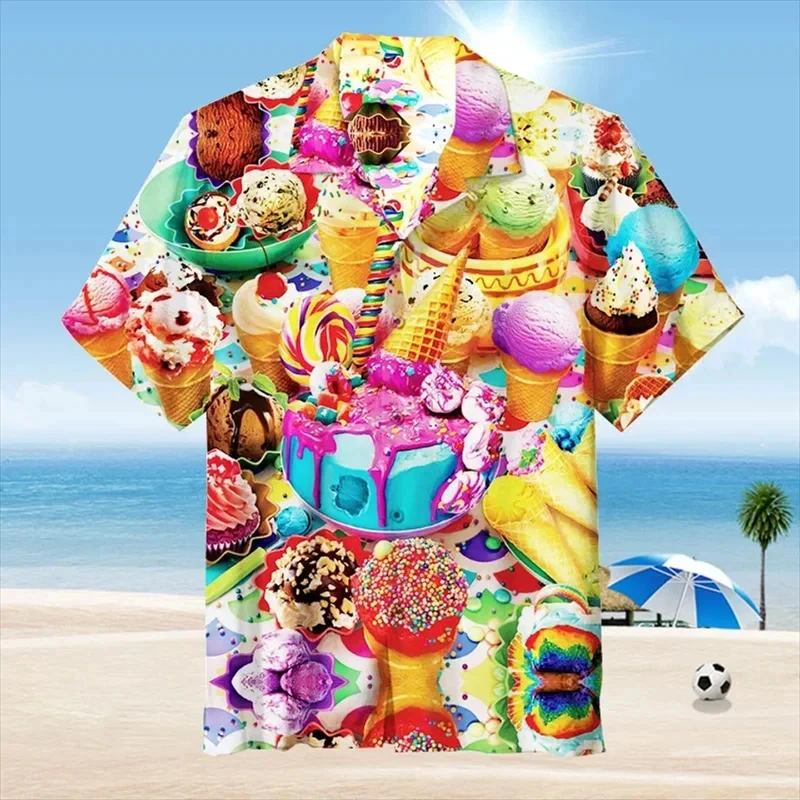 I nuovi disegni Stampa 3D Trendy Cool Fashion Camicie gelato Beach Party Top Manica corta Risvolto Camisa Masculino Camicetta femminile