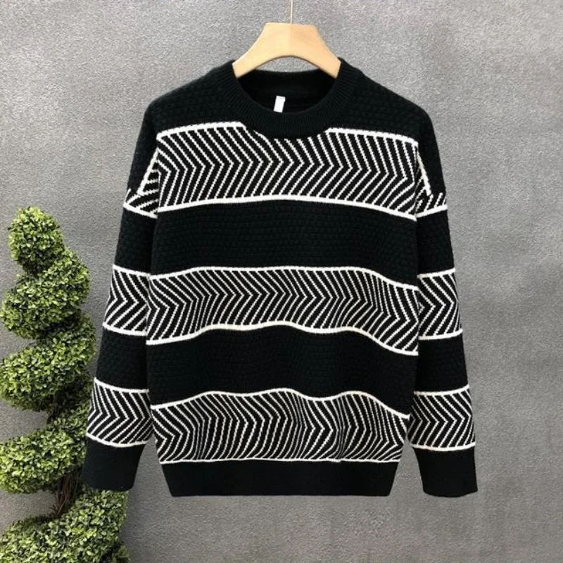 

Black Pullovers Knit Sweater Male Round Collar Men's Clothing Business Striped Crewneck Japanese Retro Wholesale Jumpers Fun