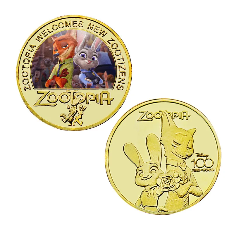 Disney Movie Zootopia gold plated coin Anime cartoon golden badge manga figure tickets pin for desk decoration toys